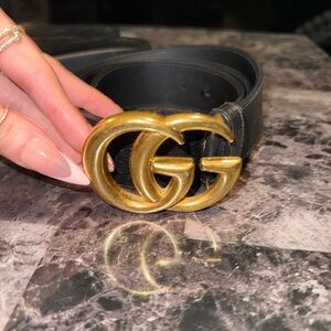 Gucci Black Leather Belt with Aged Gold Double G Buckle